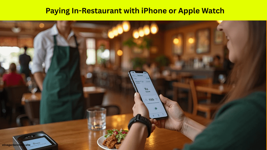 Customer using Apple Watch to pay at Olive Garden restaurant with contactless terminal.