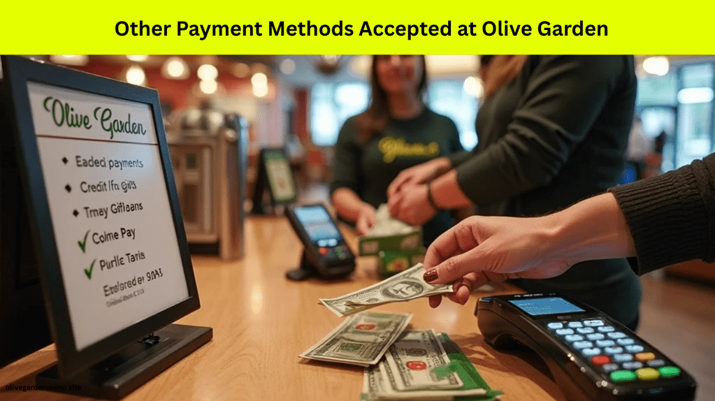 Payment options accepted at Olive Garden including cash, cards, gift cards, and Apple Pay
