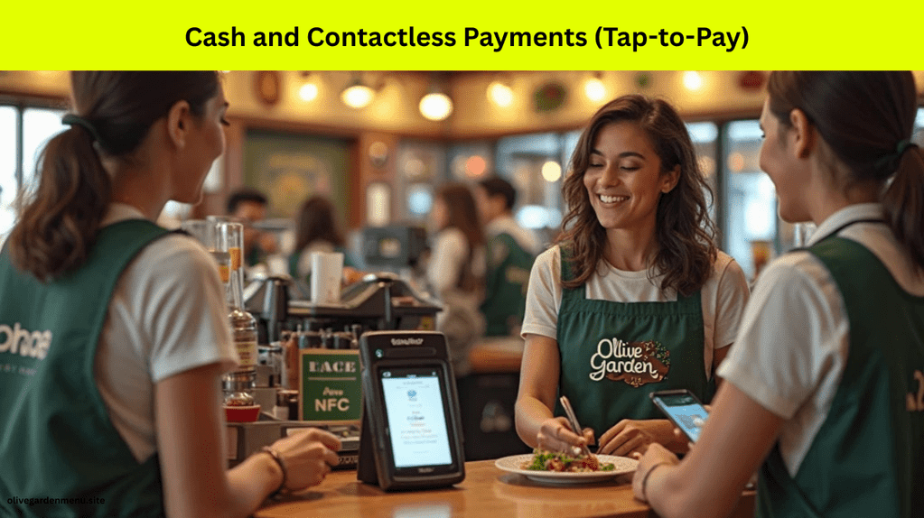 Customer paying with cash while another uses Apple Pay at Olive Garden tap-to-pay terminal