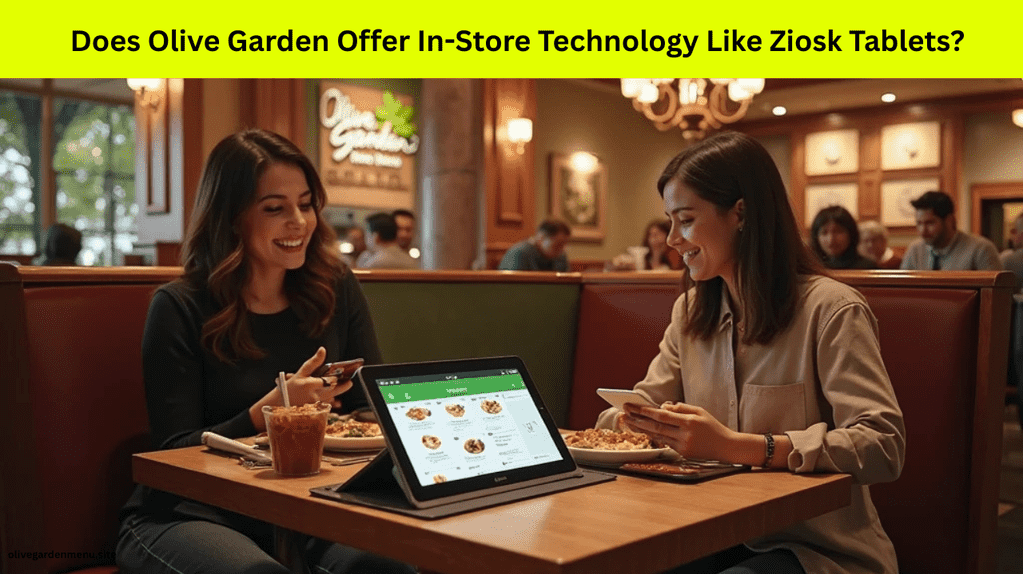 Tabletop tablet at Olive Garden displaying menu and contactless payment options with guest using iPhone