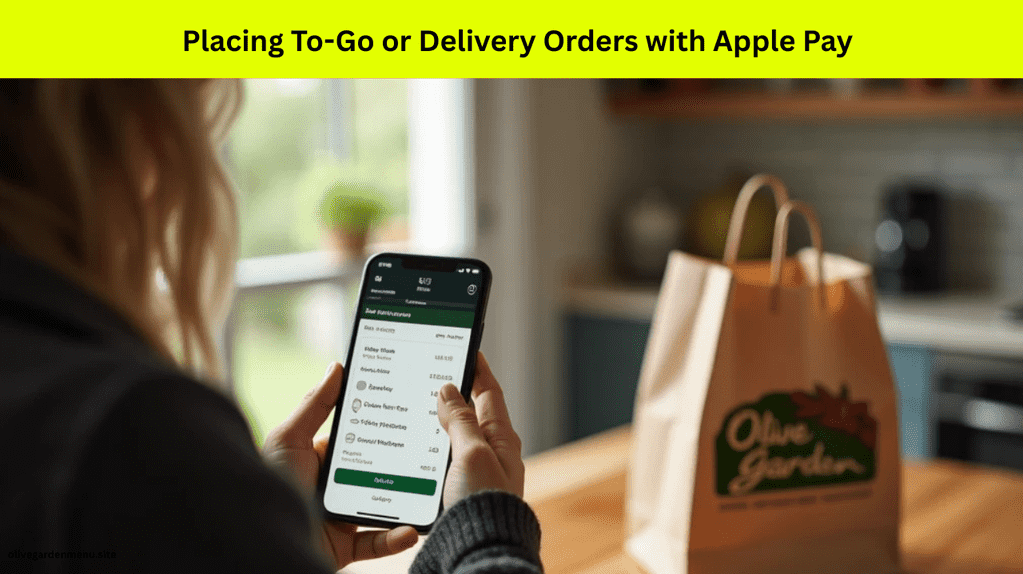 Customer placing Olive Garden delivery order using Apple Pay on iPhone with takeout bag in view