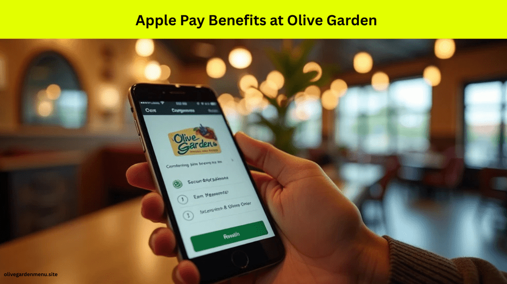 Infographic-style image showing key benefits of using Apple Pay at Olive Garden, including speed and rewards