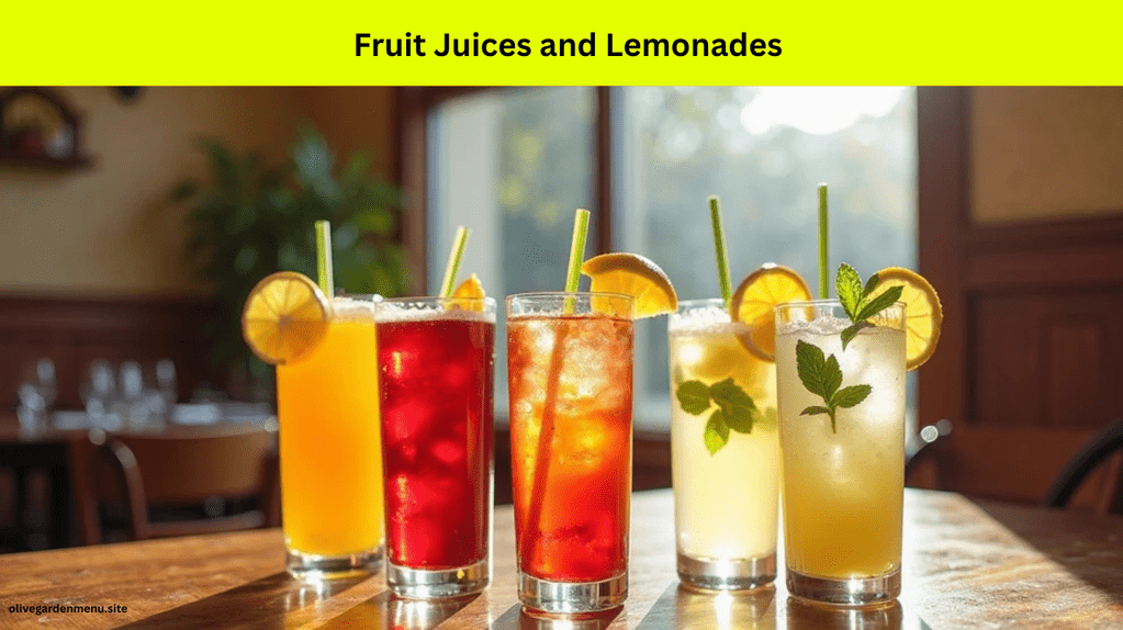 Fresh fruit juices and lemonades served in clear glasses at Olive Garden