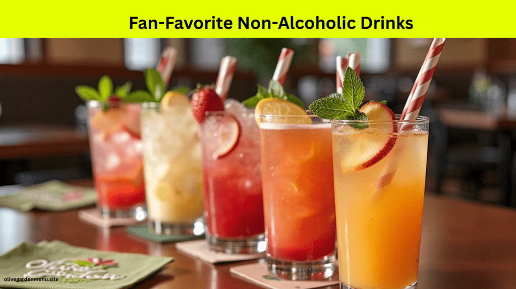 Colorful non-alcoholic drinks served at Olive Garden including lemonade and fruit teas