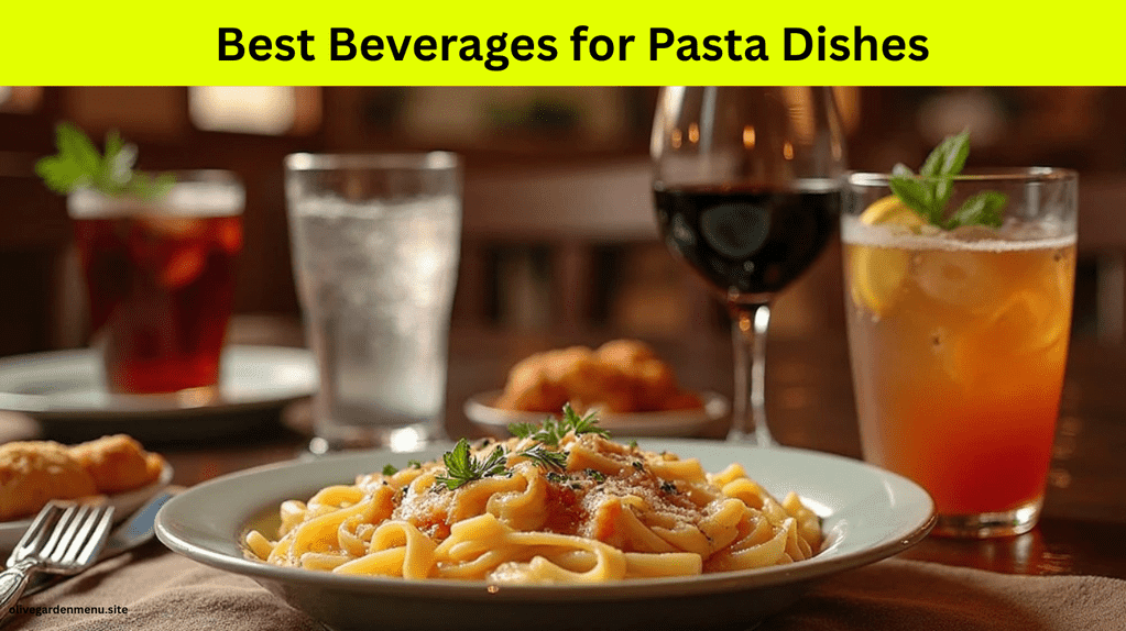 Wine, iced tea, and sparkling water served with pasta dishes at Olive Garden