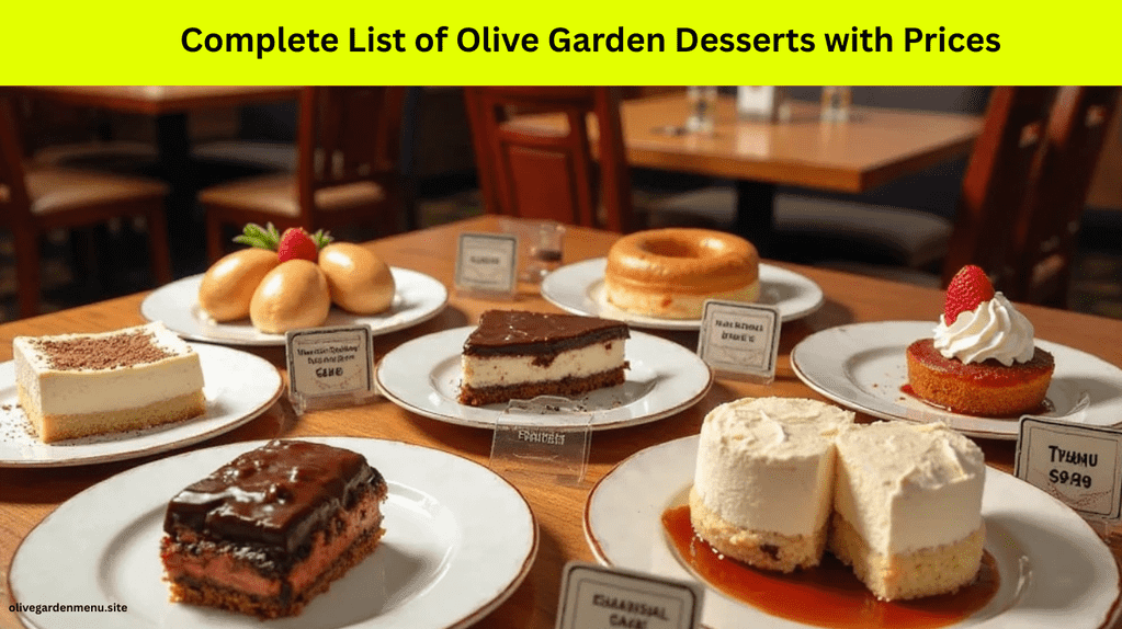 A realistic menu-style display showing the complete list of desserts at Olive Garden with visible prices.