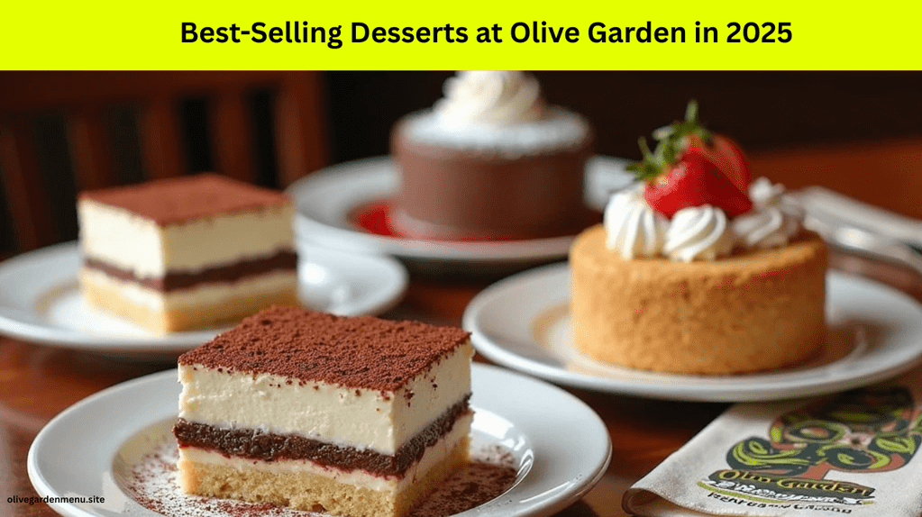 A delicious display of Olive Garden’s best-selling desserts in 2025, including Tiramisu, Zeppoli, and Black Tie Mousse Cake.