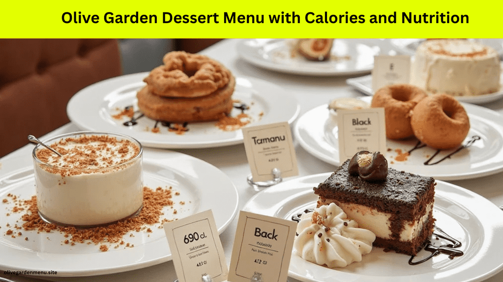 A nutrition-focused display of desserts at Olive Garden with calories shown for each item.