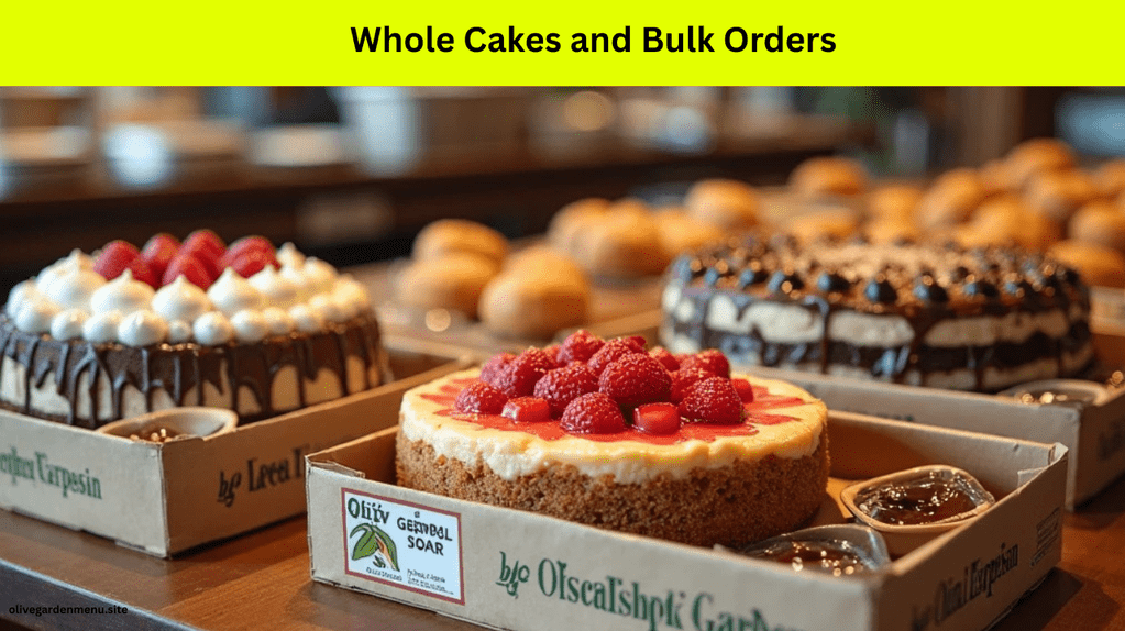 Bulk dessert order from Olive Garden including whole cakes and trays of desserts at Olive Garden.