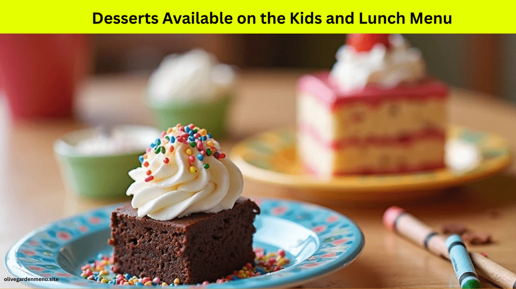 A colorful selection of desserts at Olive Garden from the kids and lunch menu, including mini brownies and gelato.