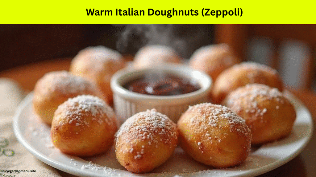 Warm Italian Zeppoli served with chocolate dipping sauce — a beloved part of desserts at Olive Garden.