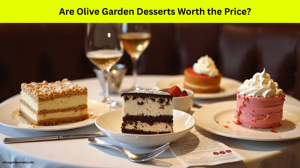 Plated Olive Garden desserts with visible portions and prices, illustrating the value of desserts at Olive Garden.