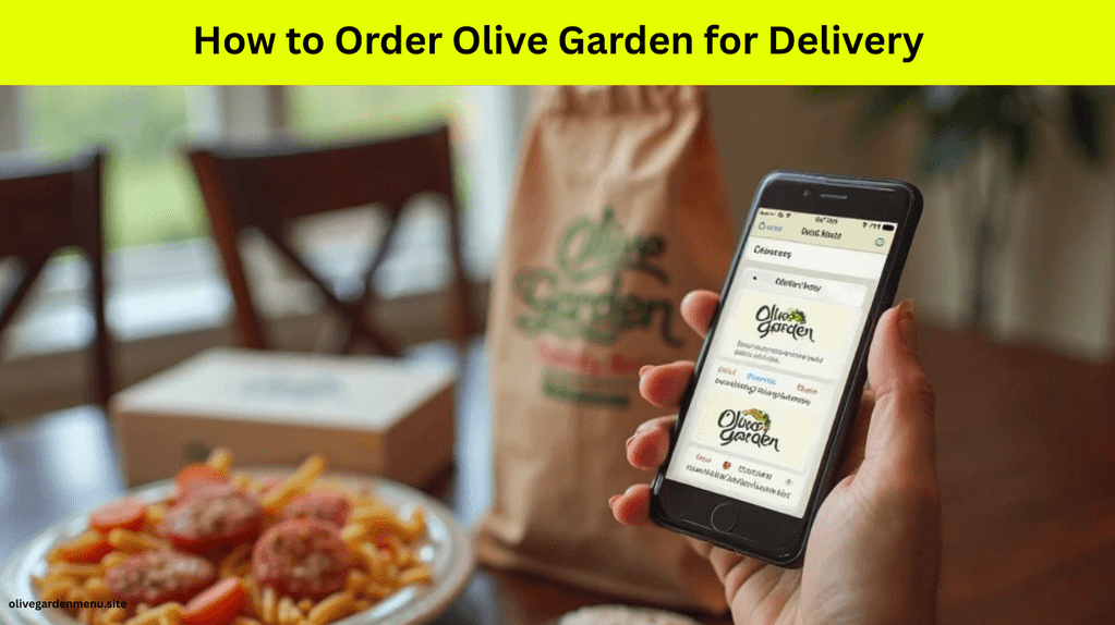 An Olive Garden app screen on a smartphone displaying a delivery order in progress — selecting pasta, breadsticks, and salads. Nearby, an Italian-style Olive Garden bag and branded delivery box sit ready. A cozy home table is partially visible in the background. The scene is clean, inviting, and tech-savvy, with the Olive Garden logo on the app and bag.