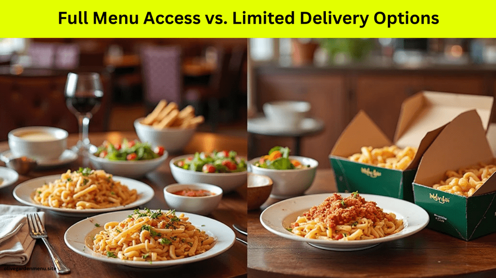 Comparison of Olive Garden dine-in full menu vs limited delivery order at home.