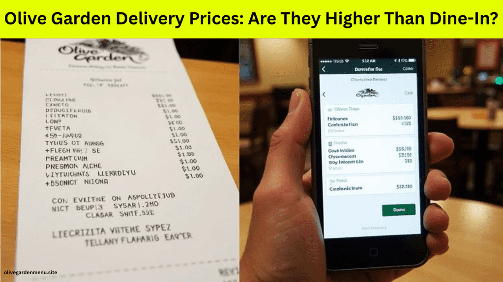 Side-by-side comparison of Olive Garden dine-in receipt and delivery order with fees.