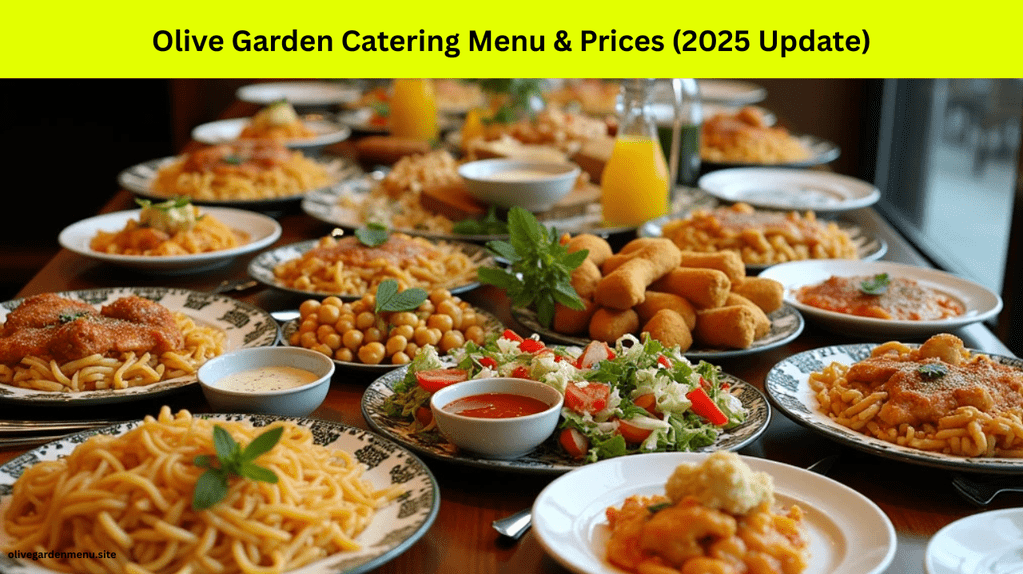Buffet-style Olive Garden catering setup with pasta trays, salad, and breadsticks on a table for a group event