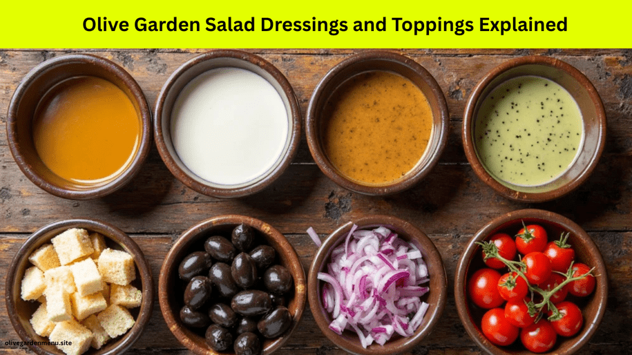 Variety of Olive Garden salad dressings and toppings displayed with the Olive Garden Salad Menu