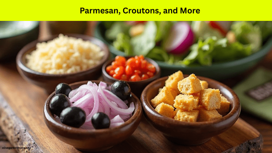 Olive Garden Salad Menu toppings like parmesan, croutons, and more arranged beautifully