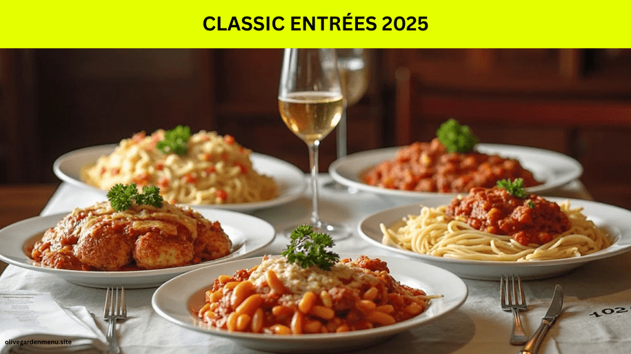 Classic Italian entrées from the Olive Garden Menu in 2025, featuring Chicken Parmigiana, Lasagna, and pasta dishes.