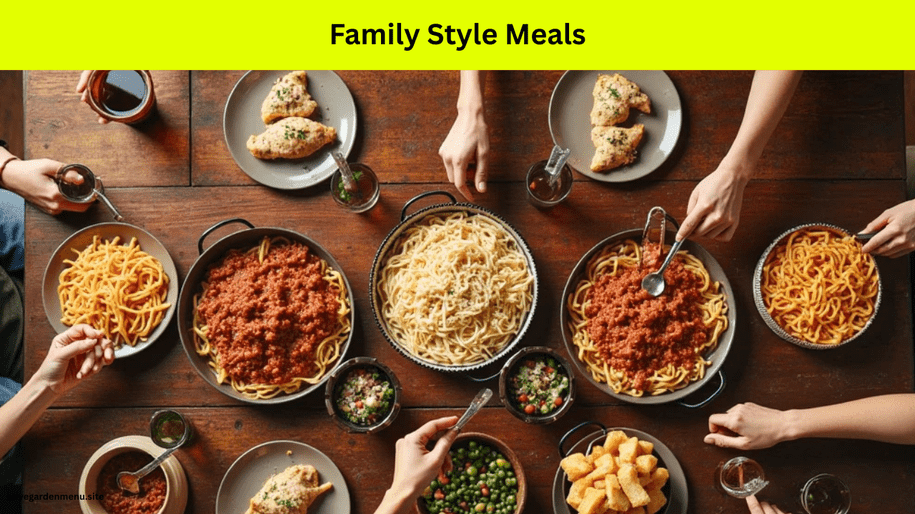 Olive garden Family-style Italian dinner from the Olive Garden Menu, served with pasta platters, salad, and breadsticks.