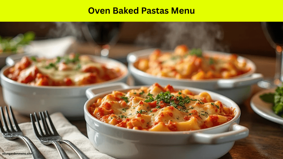 Oven-baked pasta dishes from the Olive Garden Menu featuring Baked Ziti, Lasagna, and Tortellini al Forno.