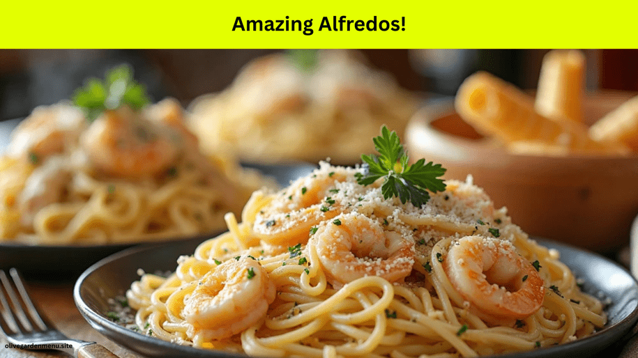 Creamy Alfredo pasta dishes from the Olive Garden Menu including Chicken, Shrimp, and Fettuccine Alfredo.