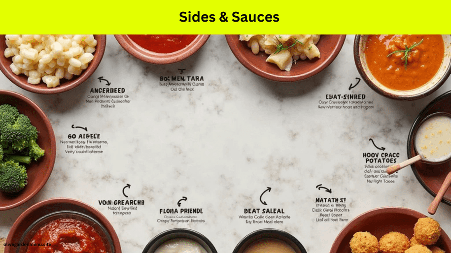 Selection of sides and signature sauces from the Olive Garden Menu including Alfredo, marinara, and veggies.