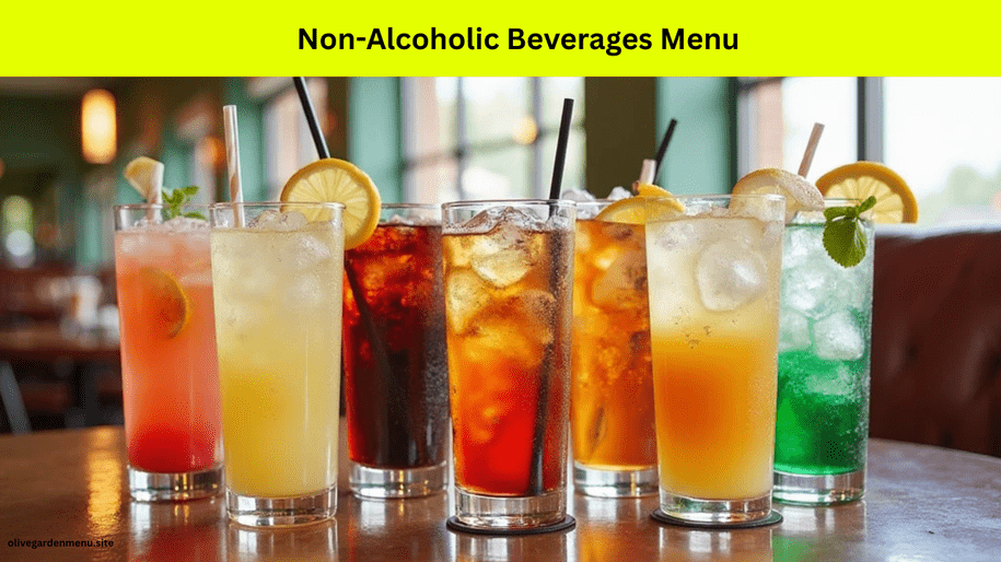 Refreshing non-alcoholic beverages from the Olive Garden Menu including iced tea, lemonade, and sodas.
