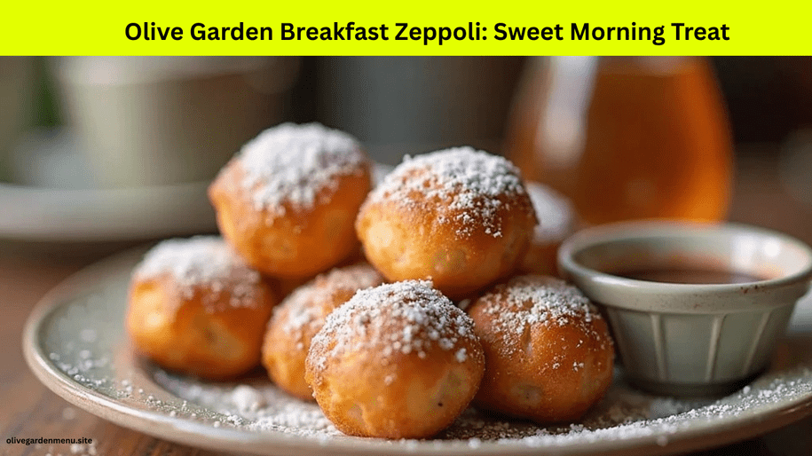Freshly served Olive Garden Breakfast Zeppoli dusted with powdered sugar and chocolate sauce.