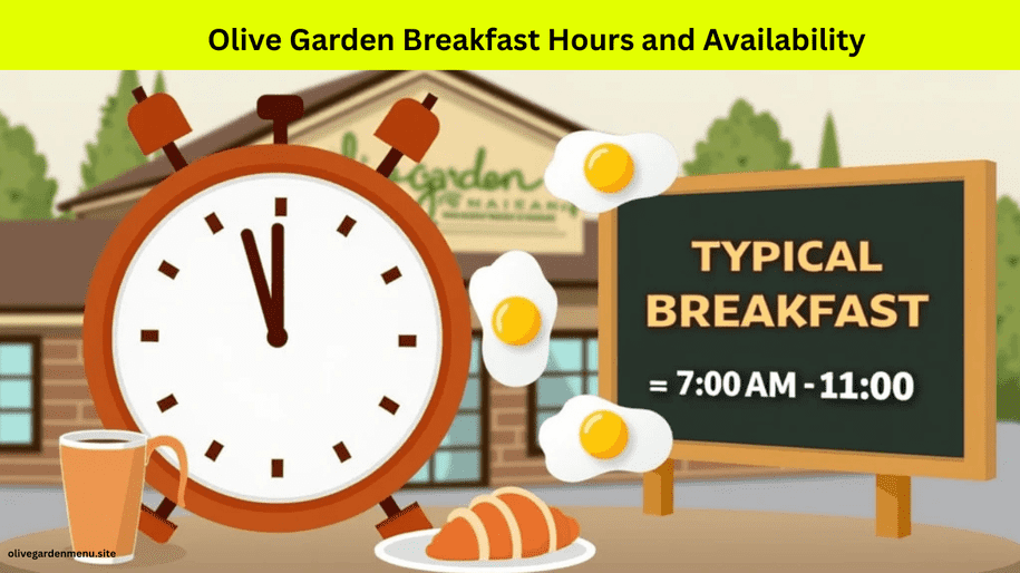 Visual representation of Olive Garden Breakfast Hours and Availability with morning meal icons and clock.