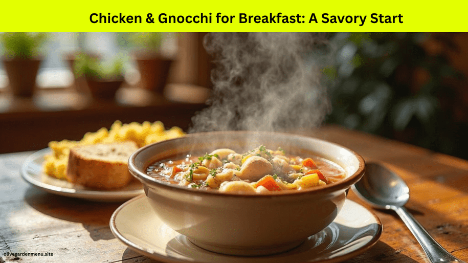 Chicken & Gnocchi for Breakfast served with toast and eggs in an Olive Garden morning setting.