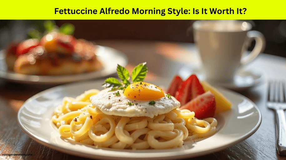 Fettuccine Alfredo Morning Style at Olive Garden with poached egg and fruit for breakfast.