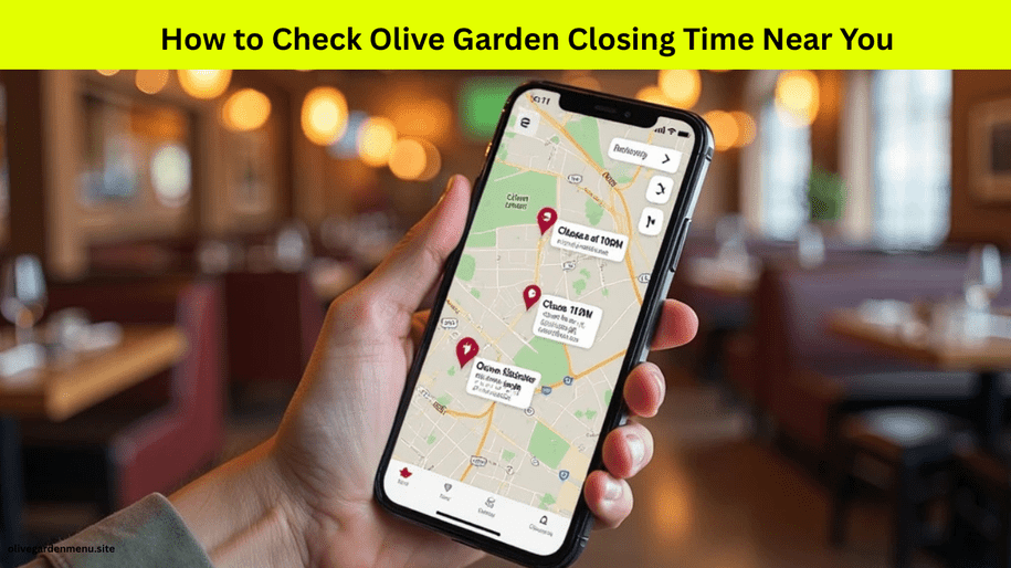Smartphone map with nearby Olive Garden locations and their closing times