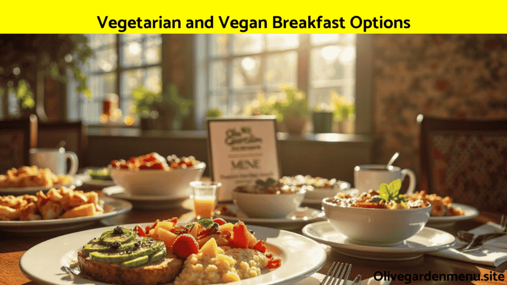 Vegetarian and vegan breakfast dishes arranged on a morning-lit Olive Garden table with fresh and plant-based ingredients.