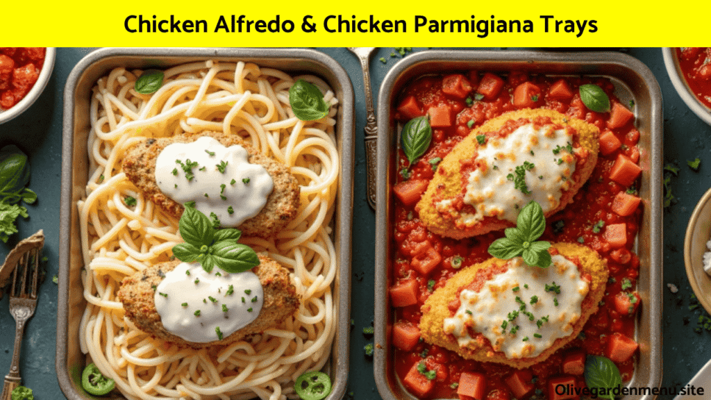 Chicken Alfredo and Chicken Parmigiana trays from the Olive Garden Catering menu.