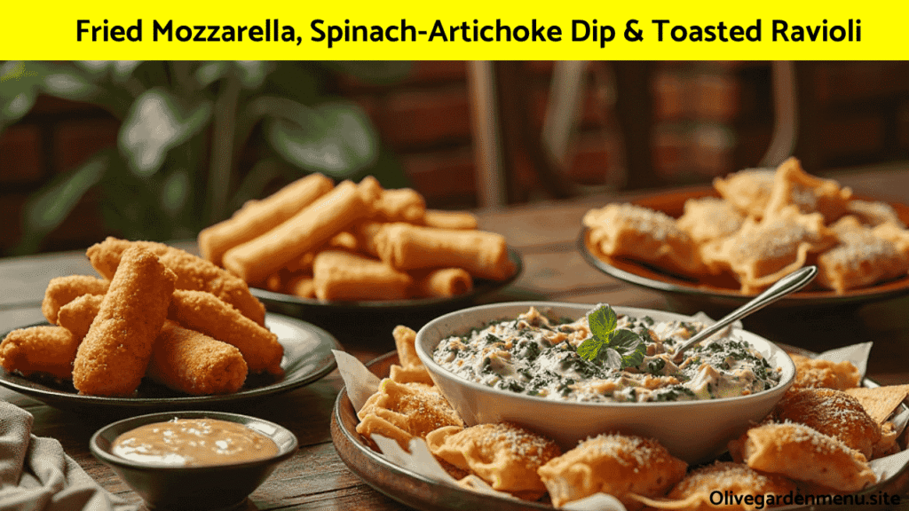 Appetizer trio from the Olive Garden Catering menu with fried mozzarella, spinach-artichoke dip, and toasted ravioli.
