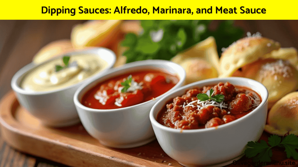 Trio of dipping sauces—Alfredo, Marinara, and Meat Sauce—from the Olive Garden Catering menu.