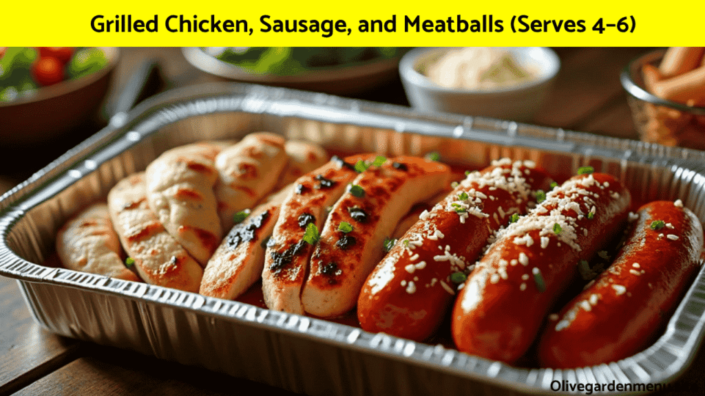 Grilled chicken, sausage, and meatballs from the Olive Garden Catering menu serving 4 to 6 guests.