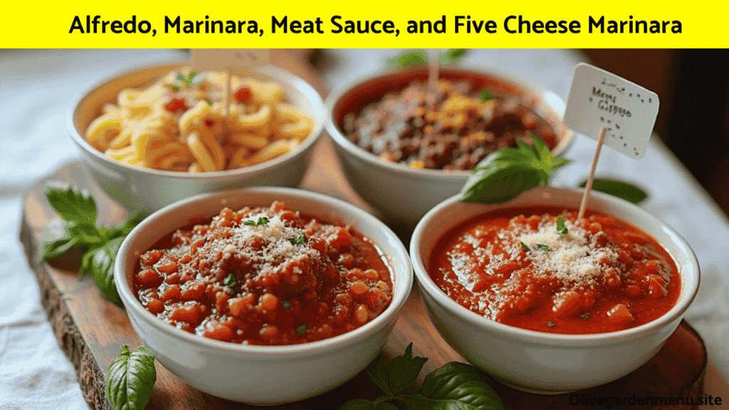 Alfredo, Marinara, Meat Sauce, and Five Cheese Marinara sauces from the Olive Garden Catering menu.