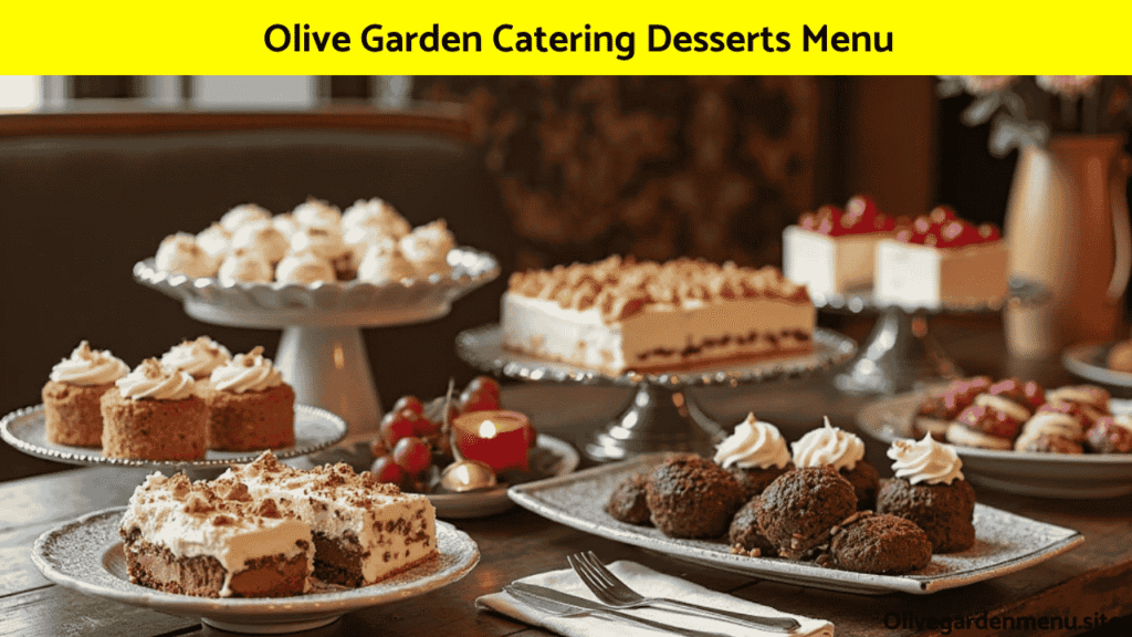 Assorted desserts from the Olive Garden Catering menu for 2025, including Tiramisu and Chocolate Brownie Lasagna.