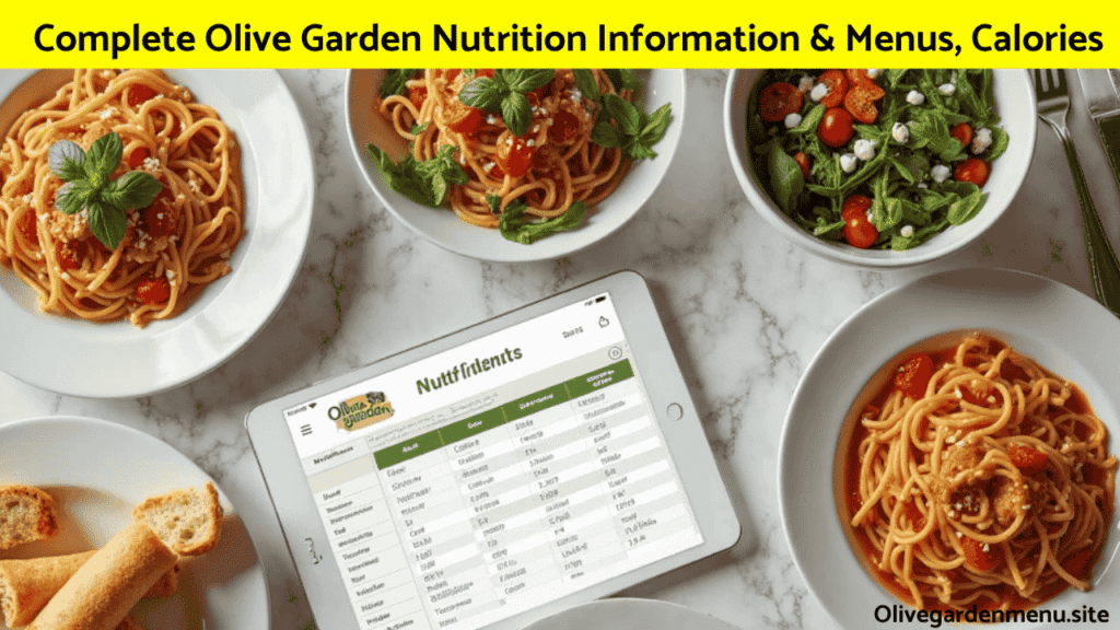 "Olive Garden meals with a digital nutrition chart displaying calorie and Nutrition Information"