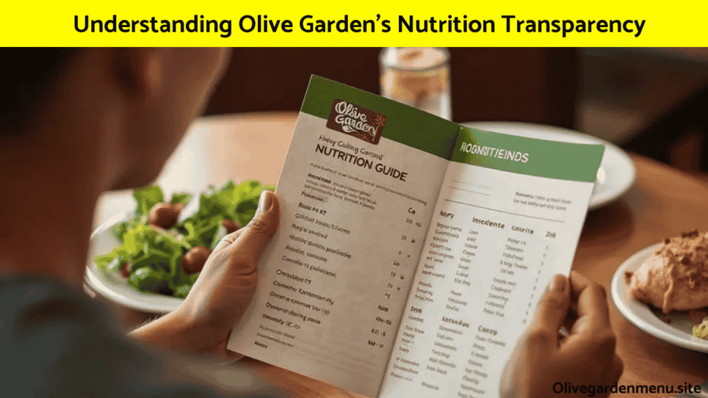 "Customer reading Olive Garden’s Nutrition Information guide while eating a healthy meal"