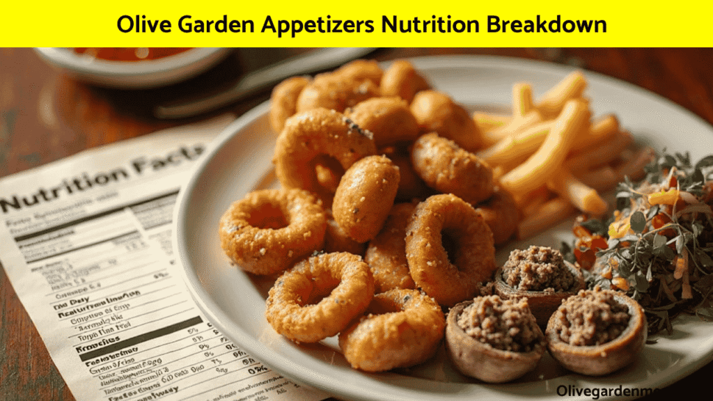 "Olive Garden appetizer sampler with visible Nutrition Information chart beside the plate"