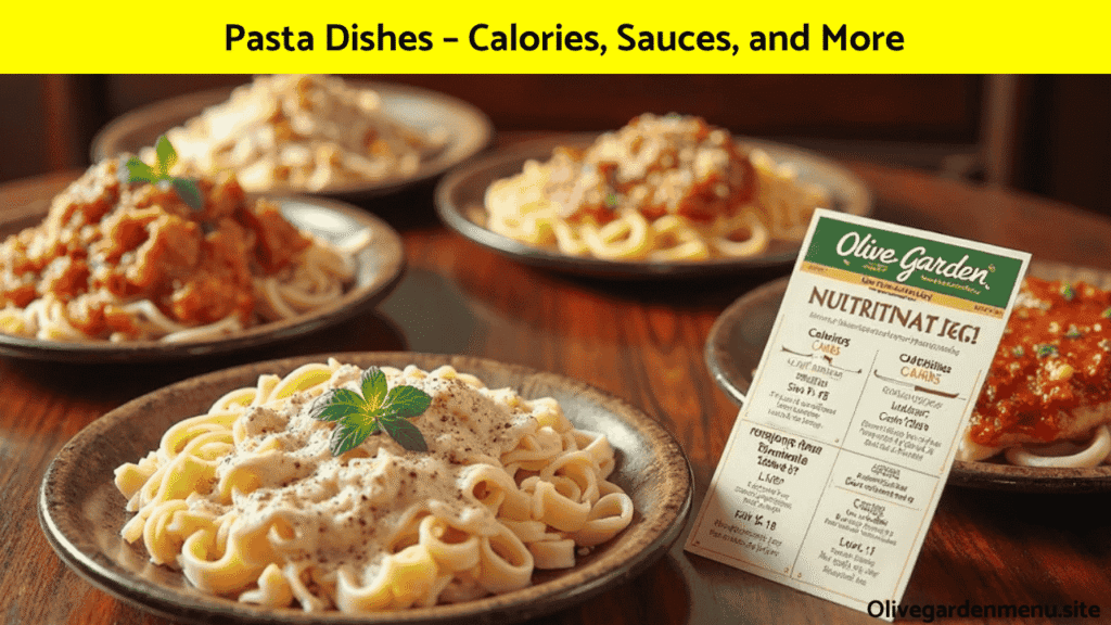"Olive Garden pasta plates with a Nutrition Information guide showing sauce and calorie details"