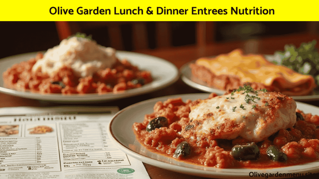 "Olive Garden lunch and dinner entrées with visible Nutrition Information guide on the table"