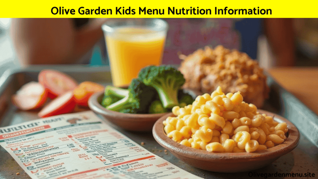 "Olive Garden kids meal with a colorful Nutrition Information sheet beside it"