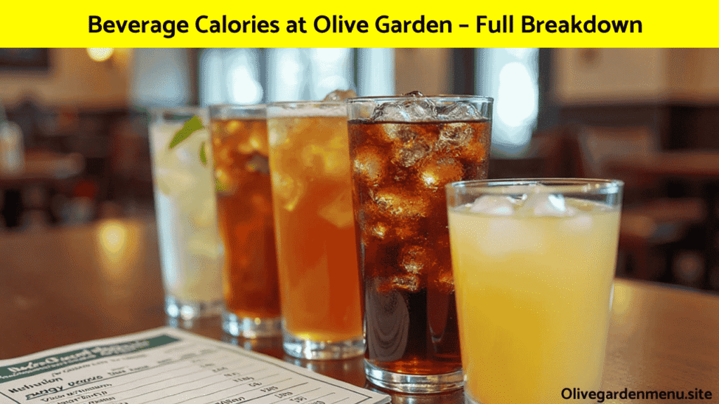 "Olive Garden beverages with a Nutrition Information chart showing calorie and sugar content"