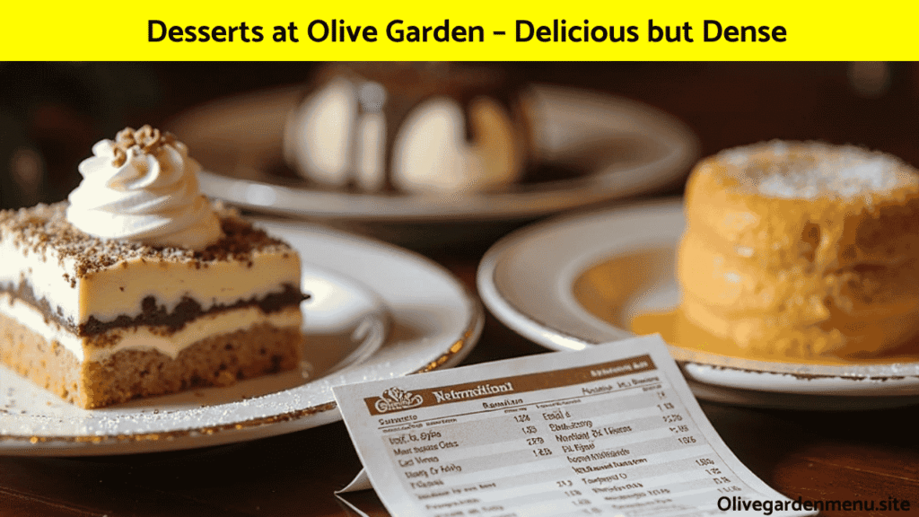 "Olive Garden desserts with Nutrition Information card showing calorie and sugar details"