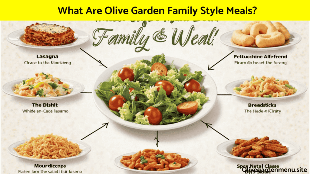 Overview of Olive Garden Family Style Meals with labeled pasta, salad, and breadsticks.