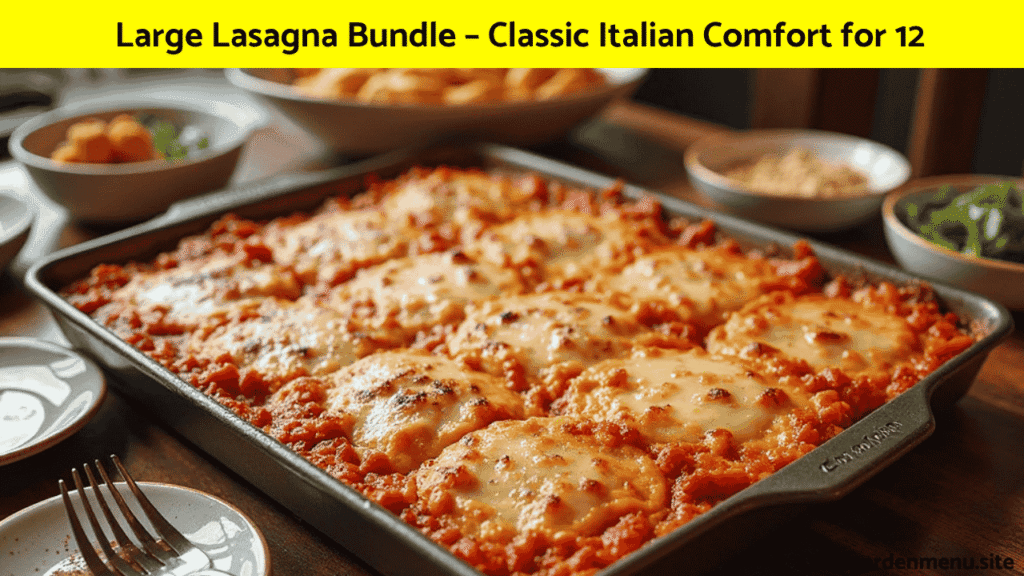 Large Olive Garden Family Meals Lasagna Bundle served for 12 with salad and breadsticks.